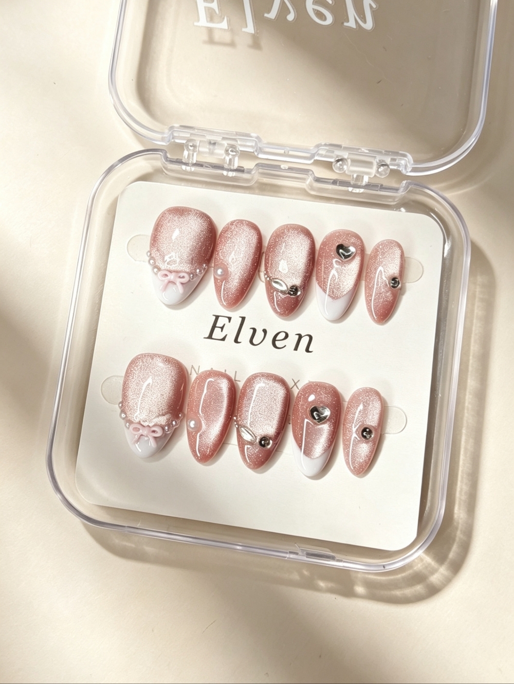 Pink Cat Eye With White French Tips Handmade Press On Nails Short Almond